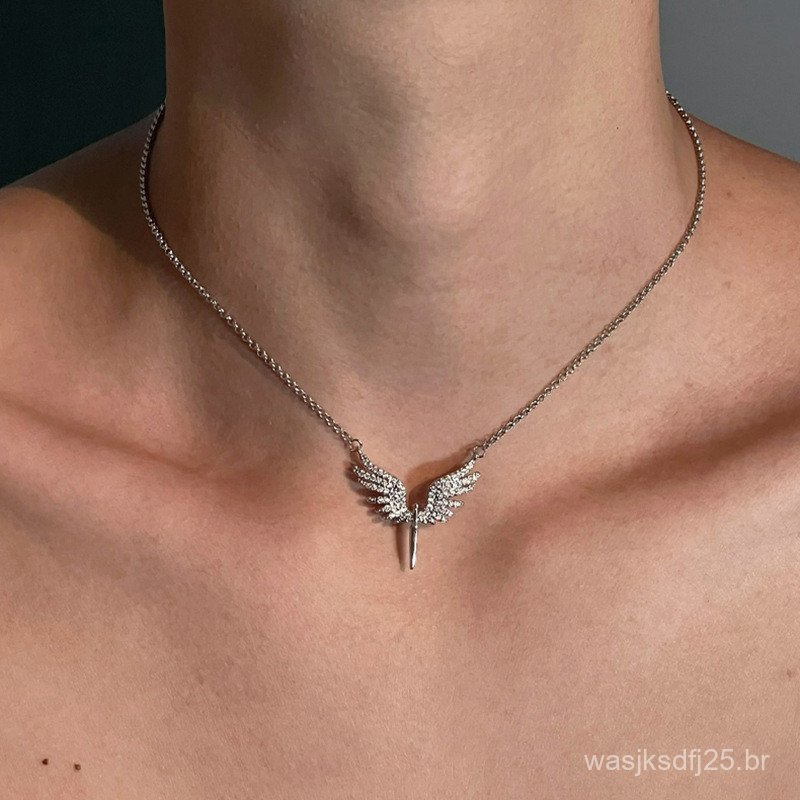 Pingente de Anjo com Asas Brilhantes e Strass (Estilo Masculino), Colar Simples (Estilo Feminino), Joia