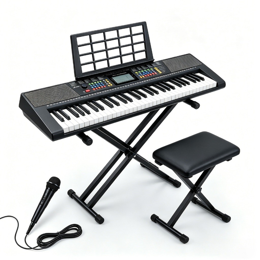 Piano digital VEDO de 61 teclas, kit de teclado de piano elétrico, 256 timbres, 256 ritmos — inclui suporte para piano,