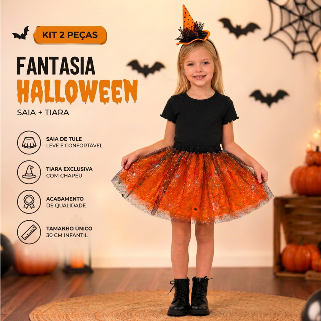 Fantasia de Bruxinha Infantil Halloween Menina com tiara e Saia de Tule