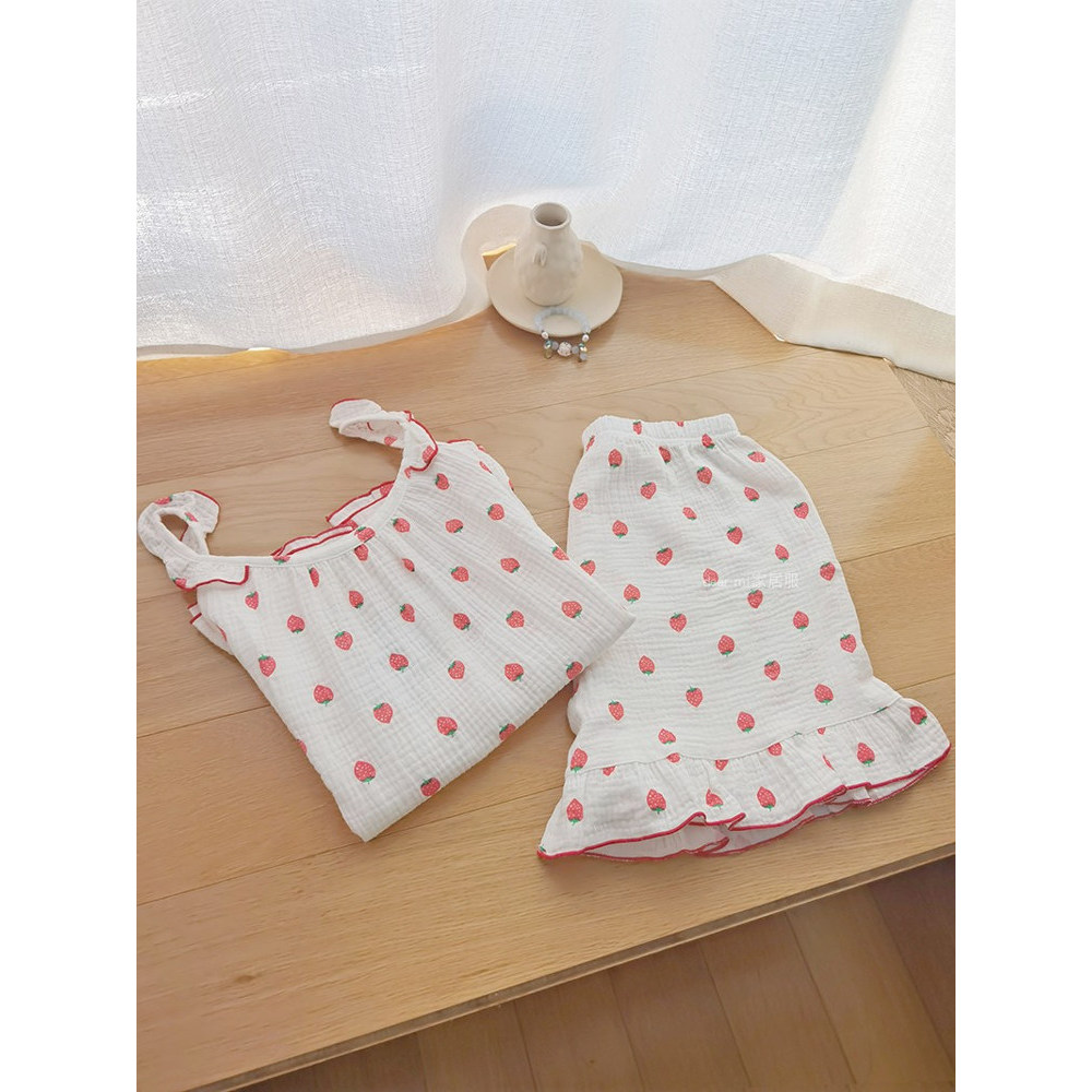 Morango Bobo pijamas feminino verão puro algodão gaze Suspender Shorts loungewear doce sem mangas menina loungewear