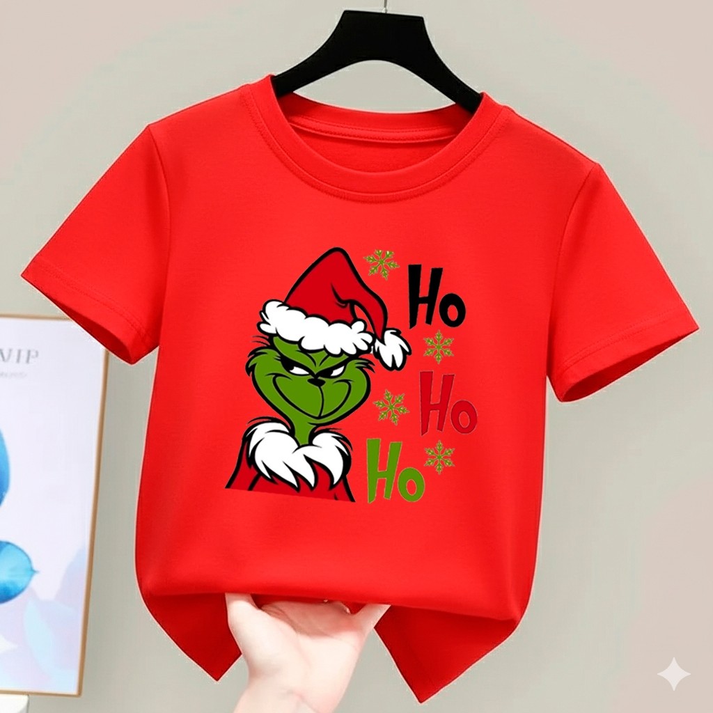 Camiseta Infantil de Algodão, T-Shirt Estampada, Personagem Verde Natalino, Estampa Divertida Natal