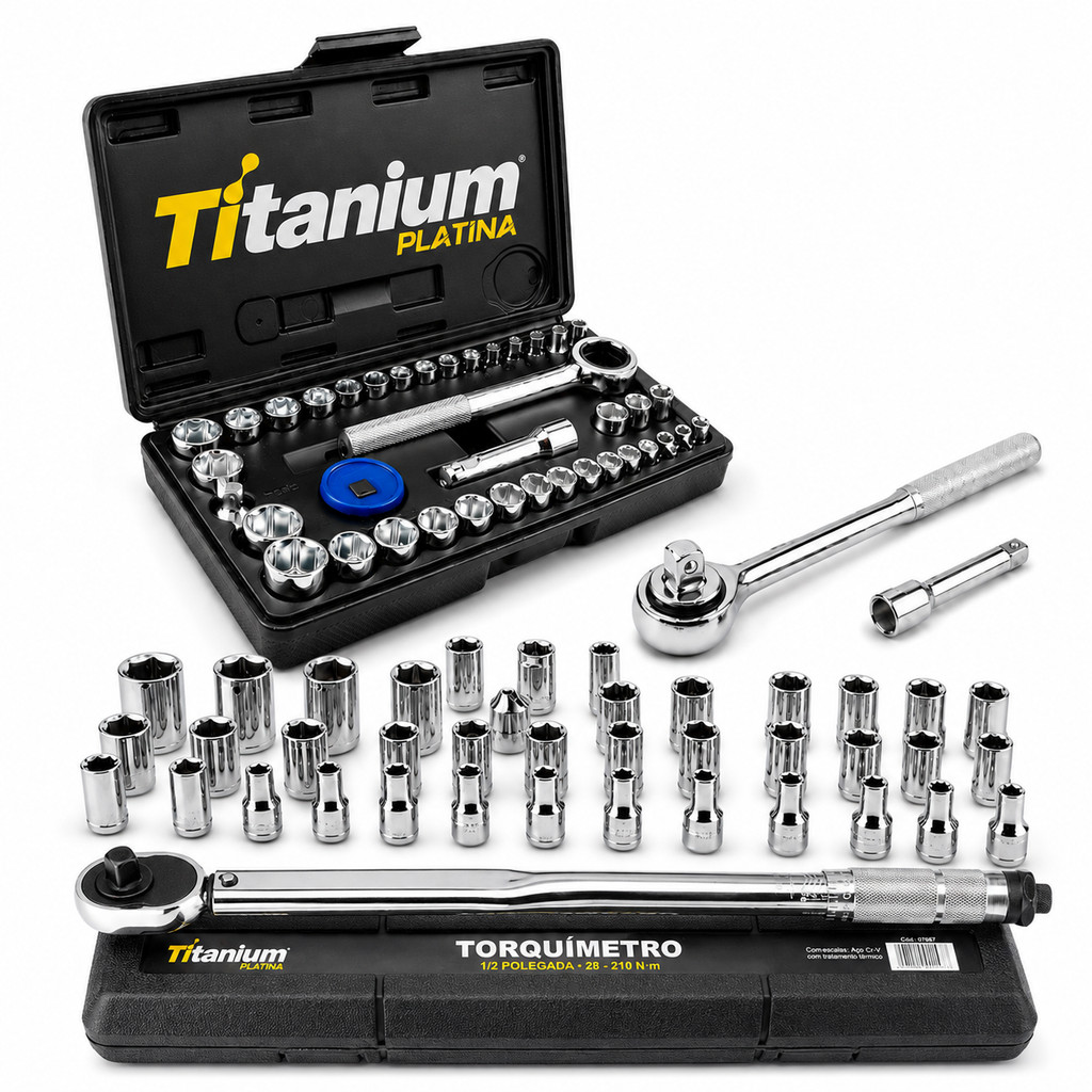 Kit Torquímetro 1/2 Pol 28-210 Nm com Jogo de Soquetes 40 Peças Titanium Platina