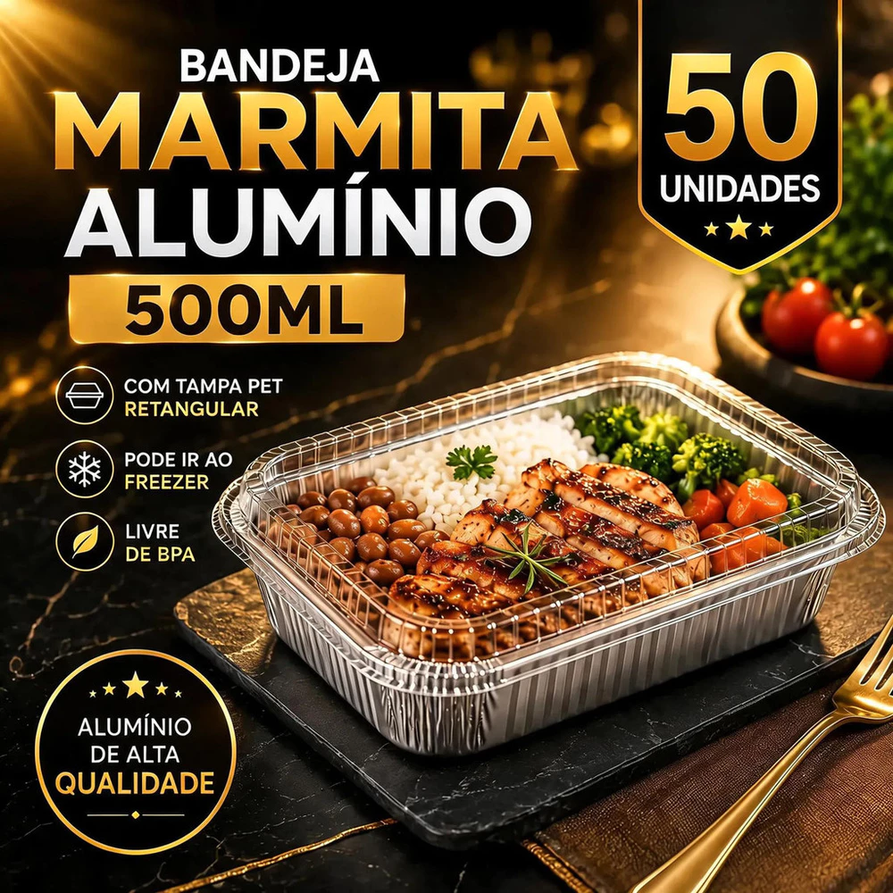 Bandeja Marmita Alumínio 500mltampa Pet 50un Delivery Comida