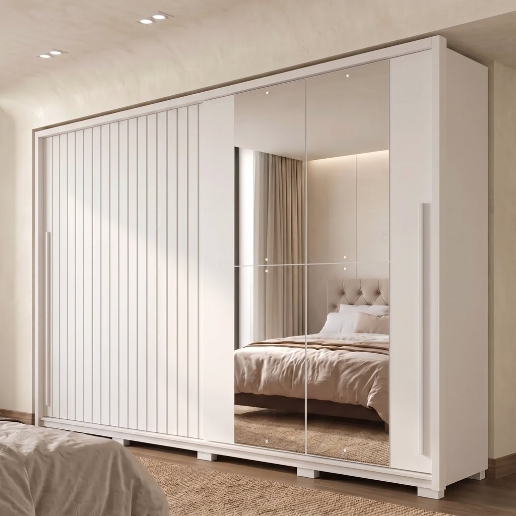 Guarda-Roupa Casal Ripado 2 Portas 4 Gavetas com Espelho Suburban Yescasa Branco Branco