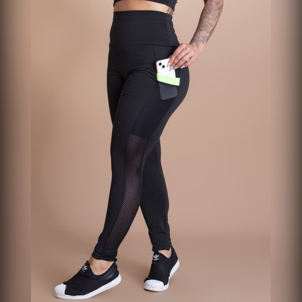 Calça Legging Fitness Academia Feminina com Tela Cós Alto Compressão para Ginástica Treino Corrida