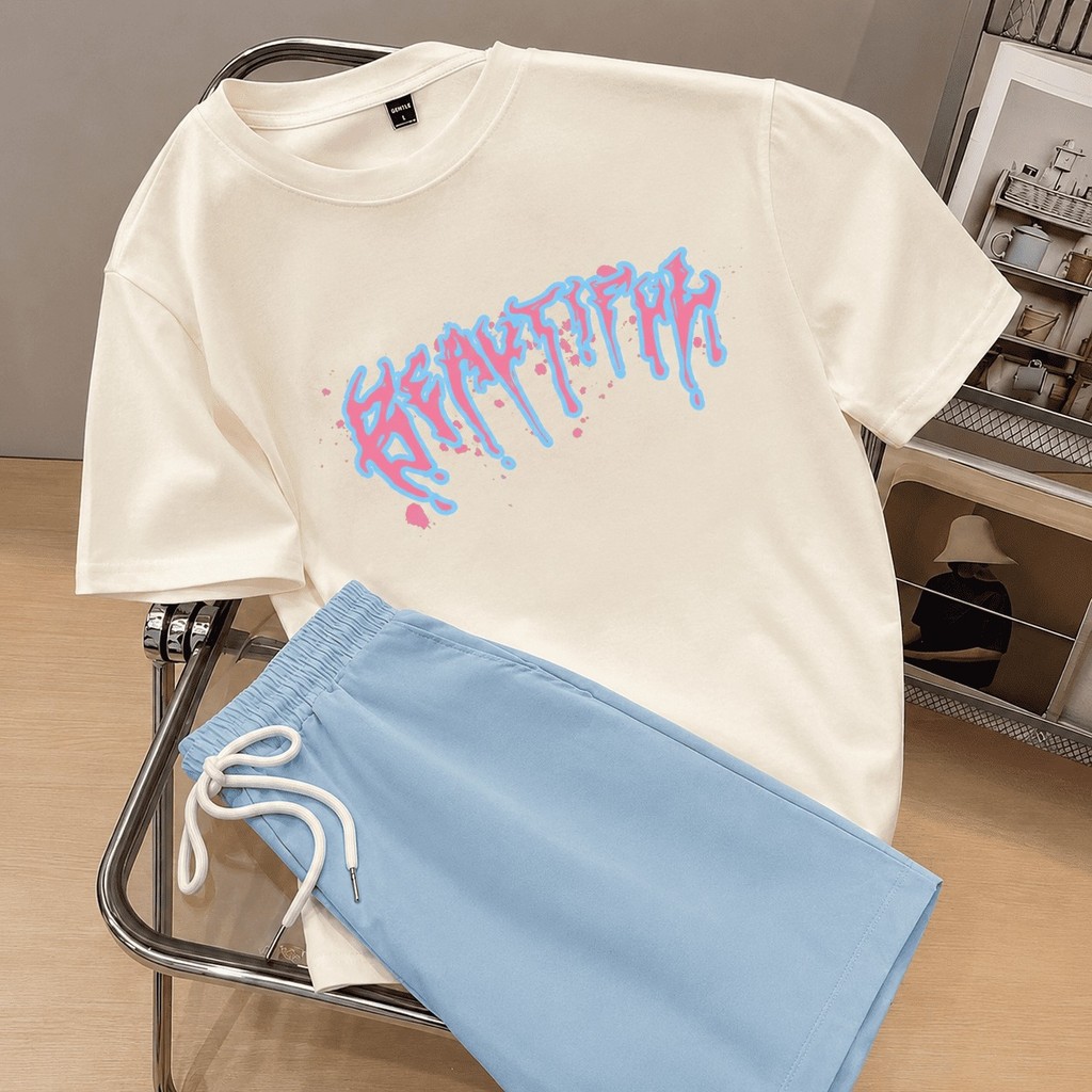 Conjunto Masculino Camiseta Estampada Grafite Short Linho Casual Streetwear Moderno Verão Confortável Academia Passeio
