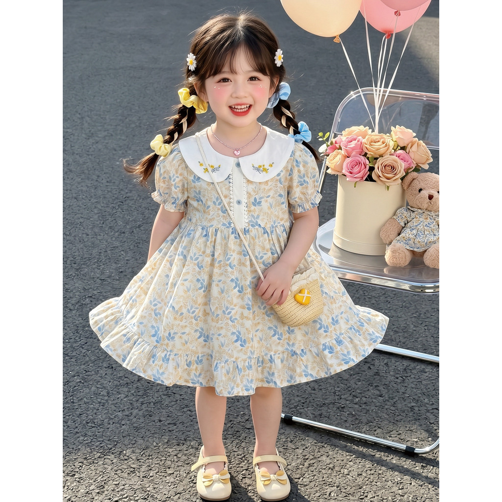 Meninas doce gola de boneca vestido Floral vestido de princesa 2026 verão novo estilo Casual respirável vestido infantil