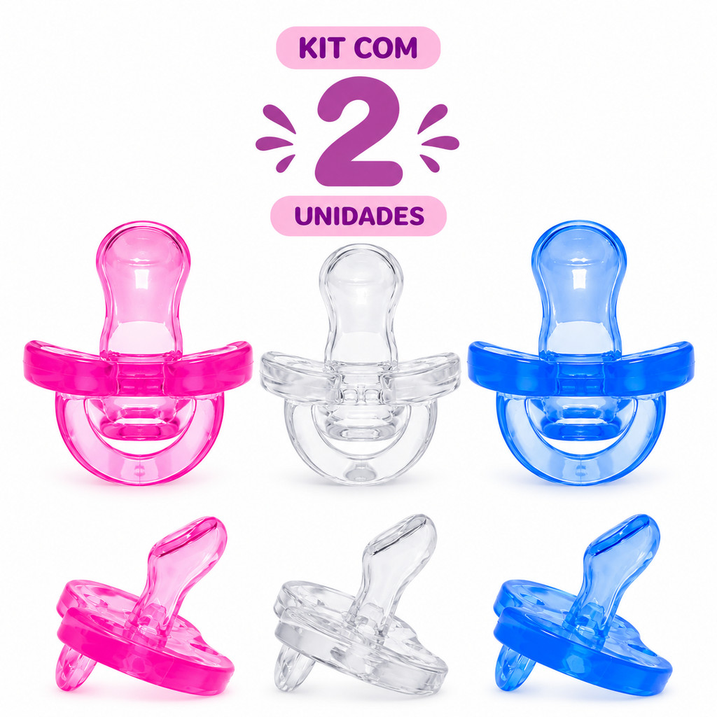 kit 2 Chupetas para Recém Nascido 100% Silicone Bico Redondo ou Ortodôntico (0126/0127)