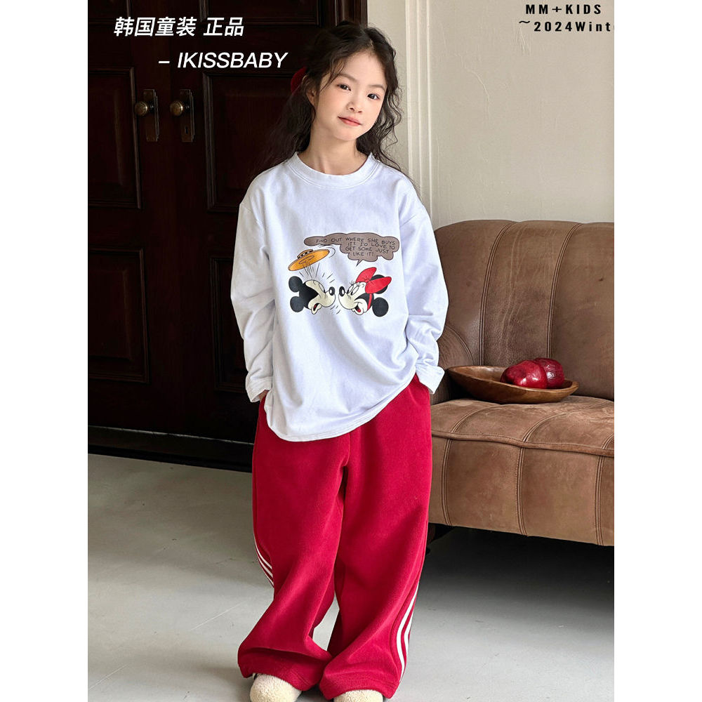L + MM Street Wear Meninos Meninas Bora borra2025 Coreano Crianças Roupas Inverno Novo Estilo Mickey Escovado Camiseta d