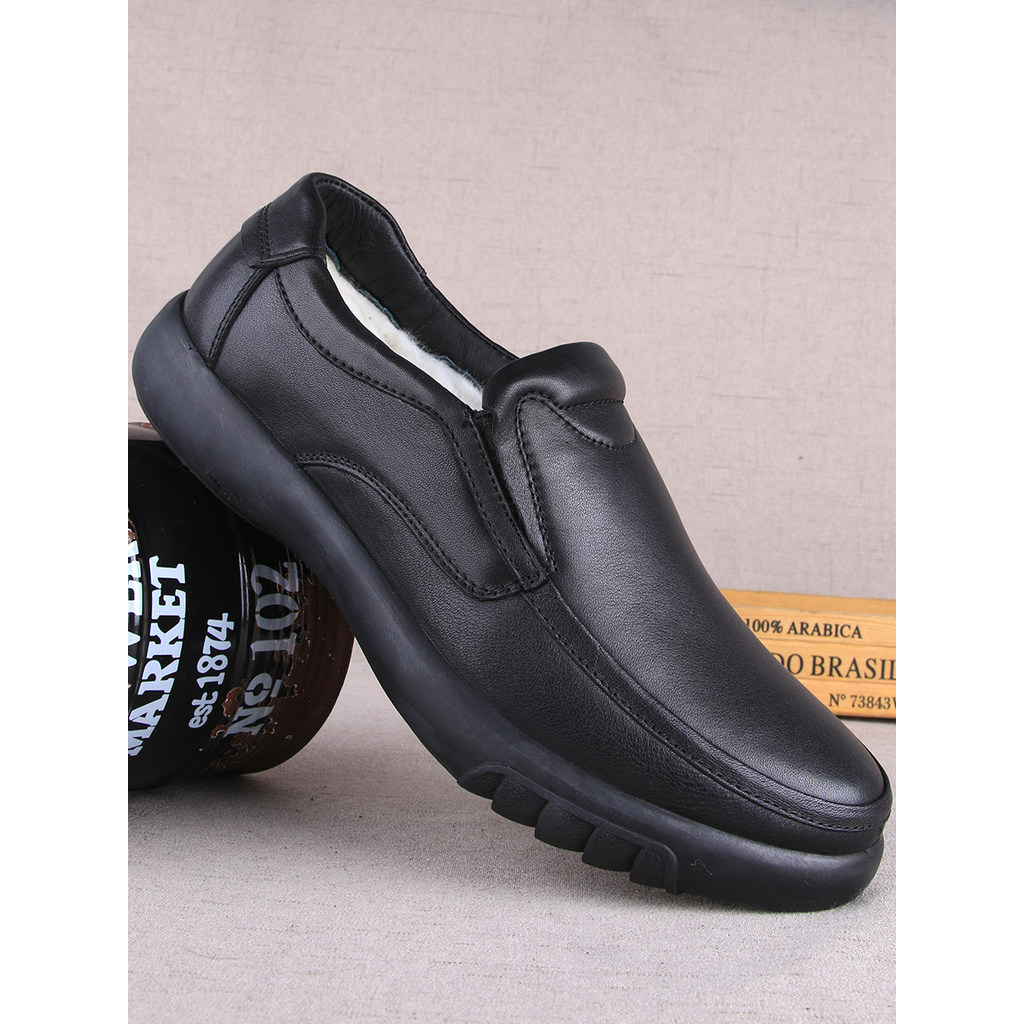 Sapatos de couro casuais masculinos forro de lã de inverno um Pedal pai couro Toe camada sola macia dois sapatos de cour