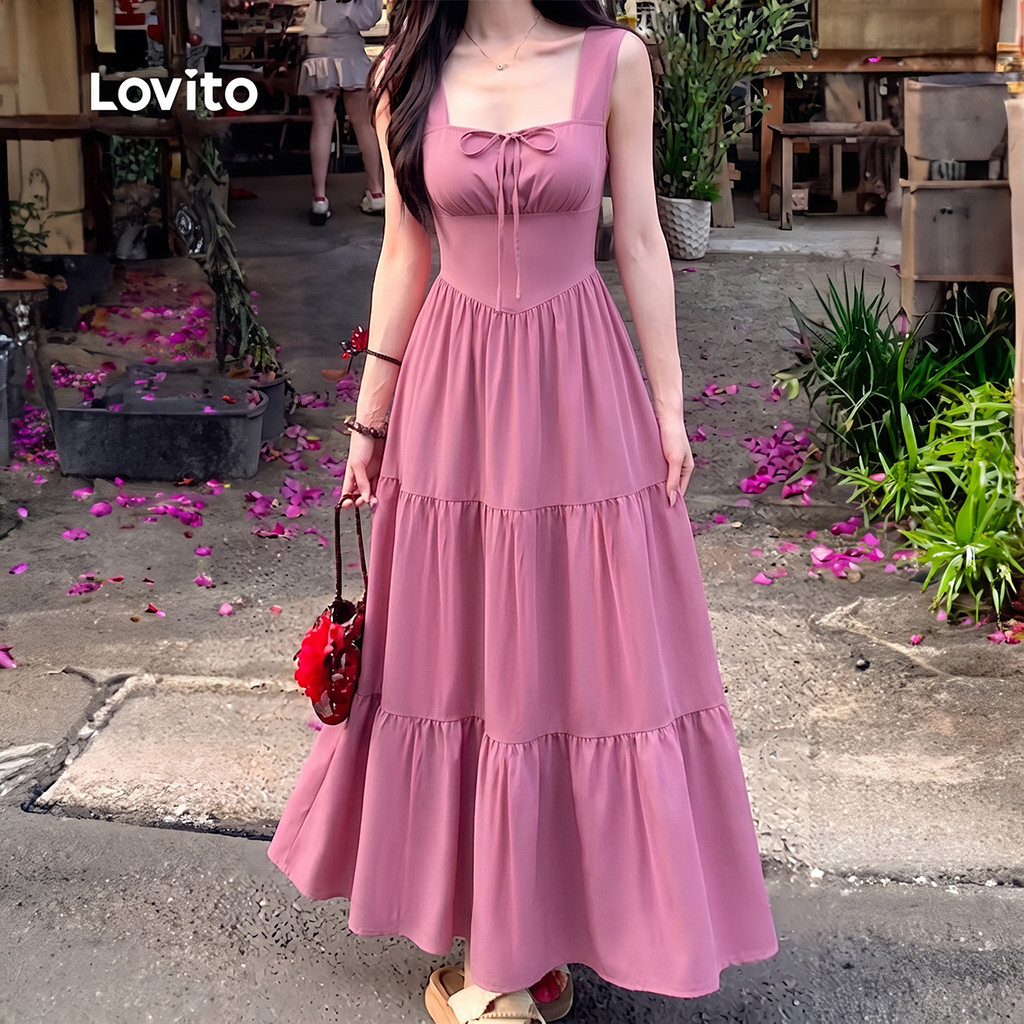 Lovito Vestido Elegante de Verão/primavera Vermelhorosa com Camadas Estilo Resort Frente com laço DRK9P2D480 — imagem 2 de 2
