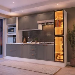 Cozinha Pérola 6 Peças Cristaleira com LED, Torre Quente, Aéreo e Balcões Yescasa Cinza/Branco
