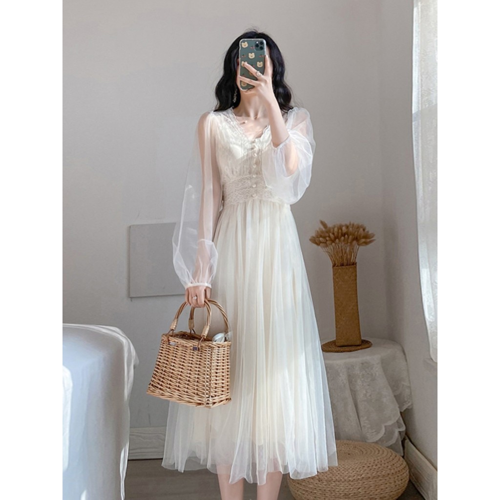2025 novo estilo primavera verão francês Retro fada gaze vestido Super fada estilo suave primeiro amor saia de duas peça