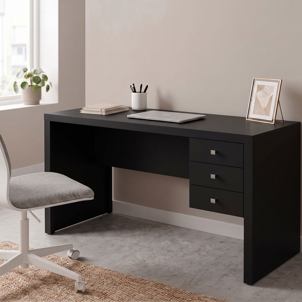 Escrivaninha Mesa Escritório com Reversível ME4113 3 Gavetas 155cm Preto Preto