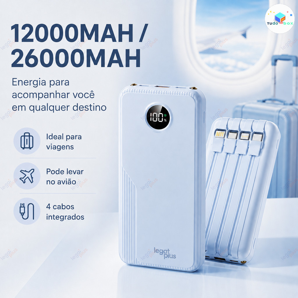 Carregador Portátil 12.000 e 26.000mAh 22,5W PD Carregamento Rápido 4 Cabos Integrados Tela Circular iPhone e Android