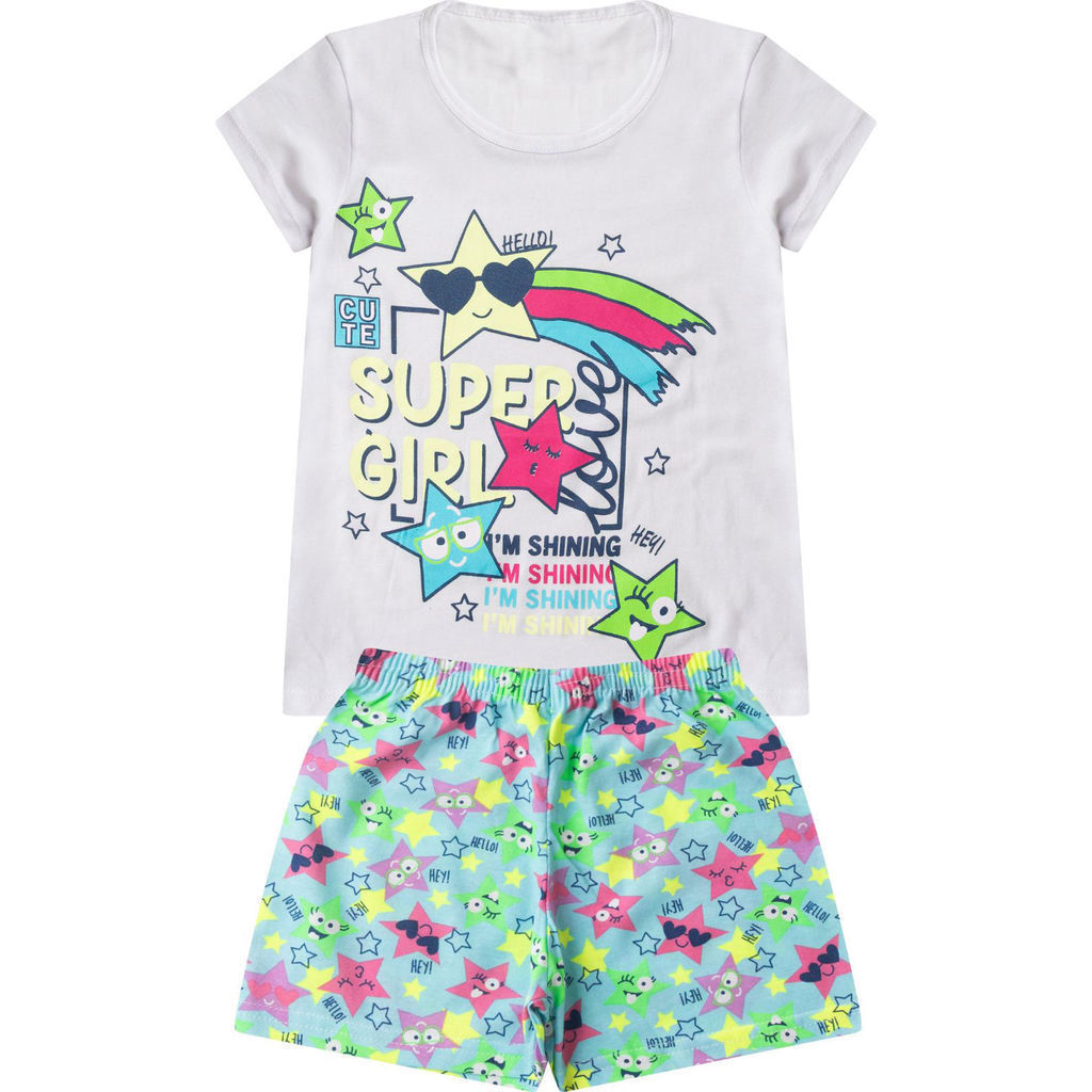 Pijama Verão Menina Curto Algodão Kappes Branco