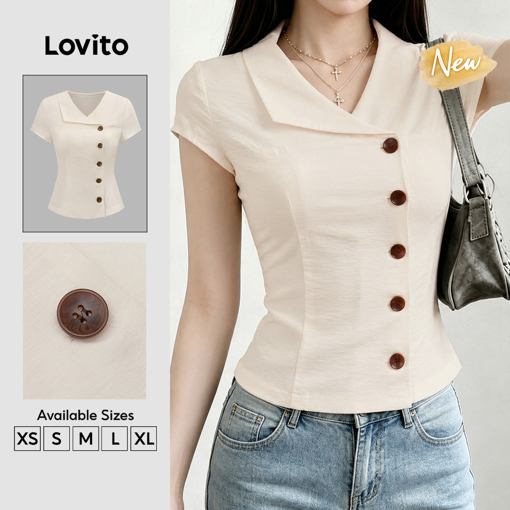 (New Arrival) Lovito Elegante Blusa com Botões Frontais e Corte Assimétrico Khaki Claro Primavera/Verão BLK9P1D471