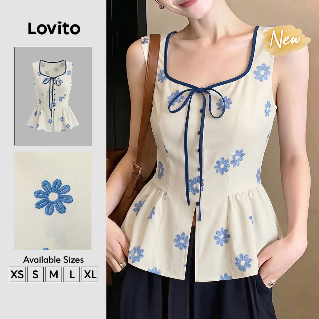 (New Arrival) Lovito Top Casual Feminino com Botões Frontais Estampa em Blocos de Cores primavera/verão TKK9P1D912
