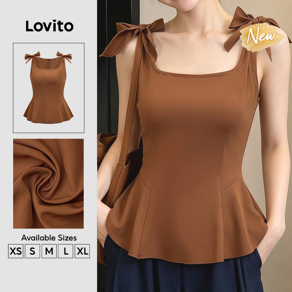 (New Arrival) Lovito Blusa Feminina Elegante Estilo Anos 90 Retrô Y2K Com Cadarço E Zíper Marrom Para O Dia a Dia Na Primavera/verão TKK9P1D958