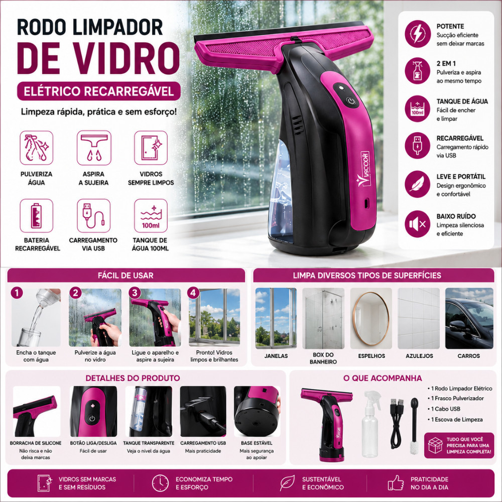 Rodo Limpador De Vidro Elétrico Recarregável USB Aspirador De Janelas 2 Em 1