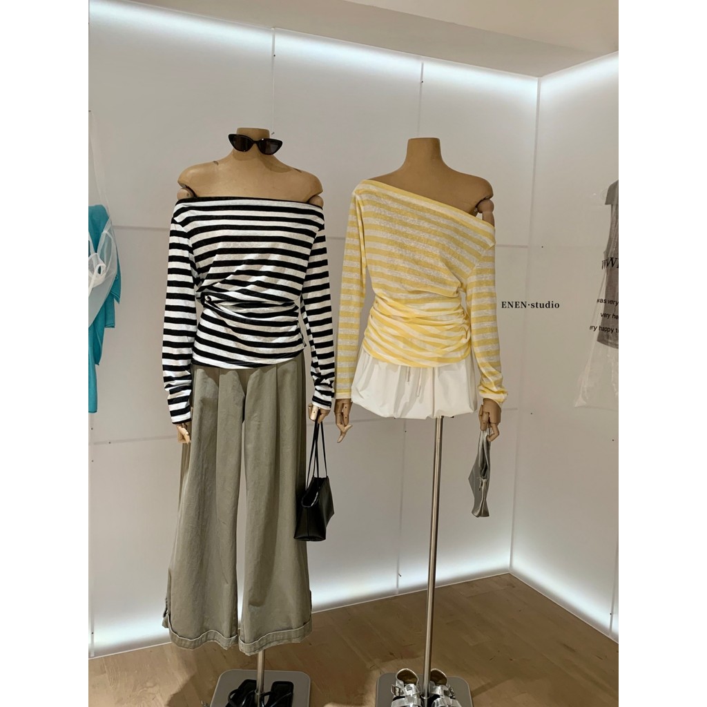 WGWE Pure Desire Preguiçoso Estilo Listrado Gola Balanço de Um Ombro Camiseta de Manga Comprida Feminina Fora do Ombro M