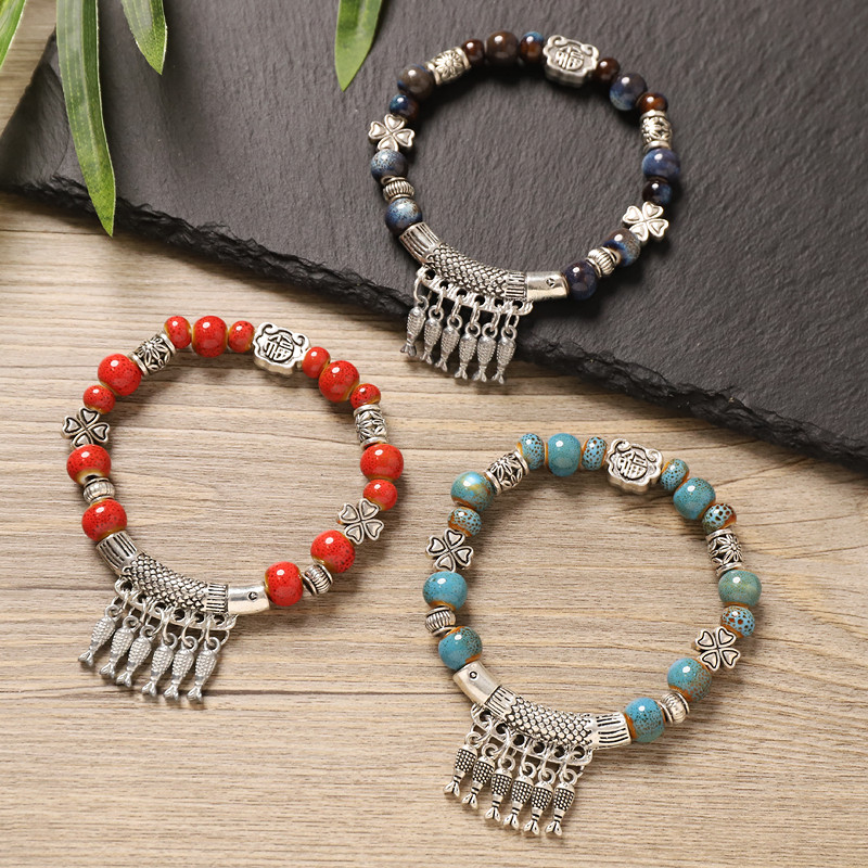 Novo estilo chinês Jingdezhen pulseira de cerâmica estilo étnico pequeno peixe borla estilo antigo literário All-Match p
