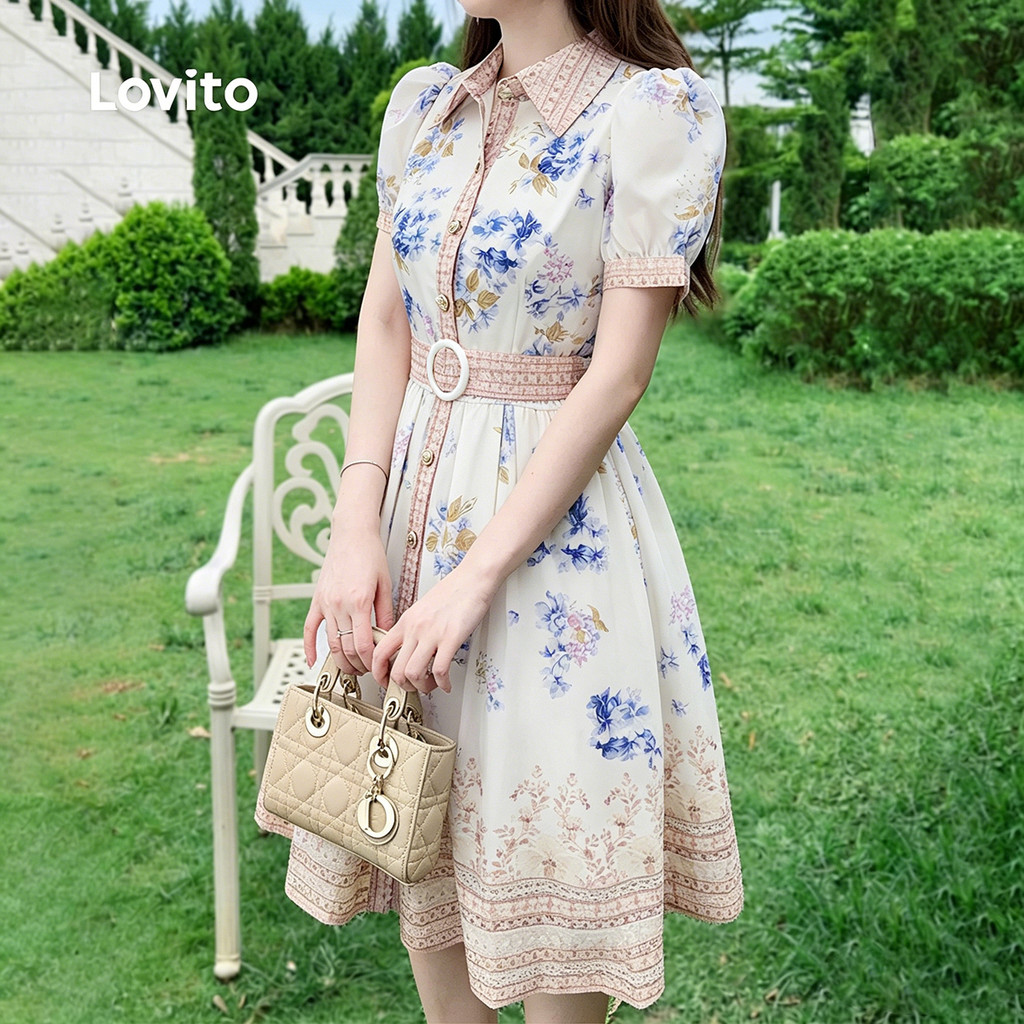 Vestido Feminino Lovito Floral Elegante Nacional com Cinto Estilo Nacional Vestido Primavera/verão LK3ED163 · foto 2