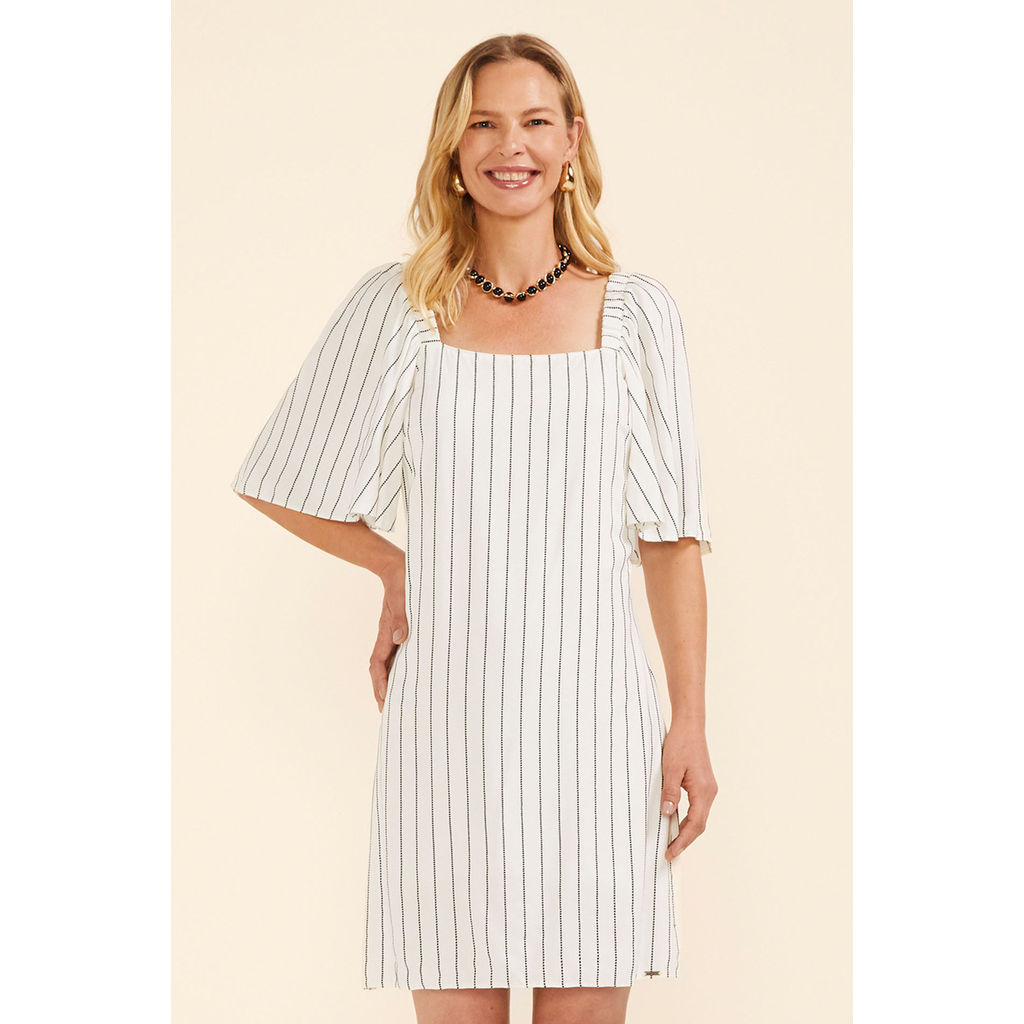 Vestido Curto Feminino Listrado Lurex Marialícia Bege