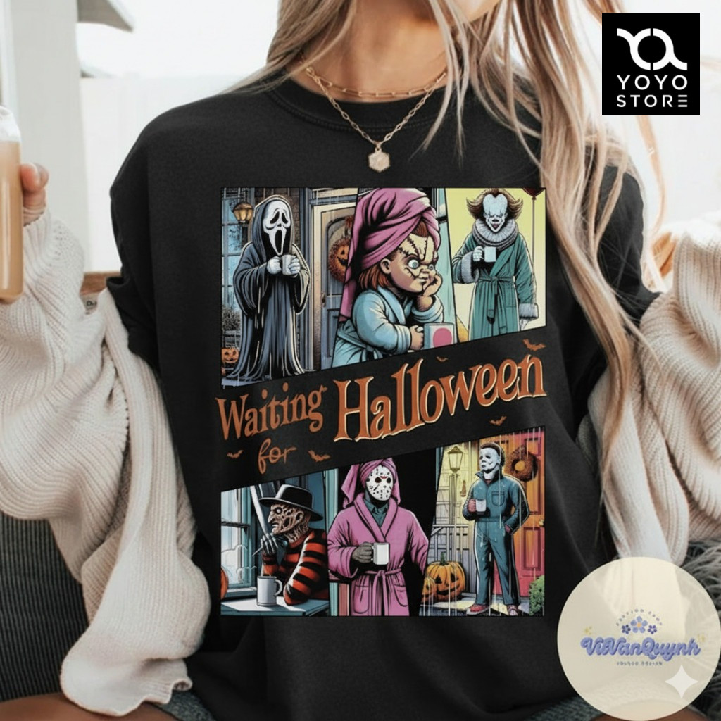 Camiseta Masculino Feminino Fofo Camisa Aguardando Personagens de Terror do Halloween Algodão Premium