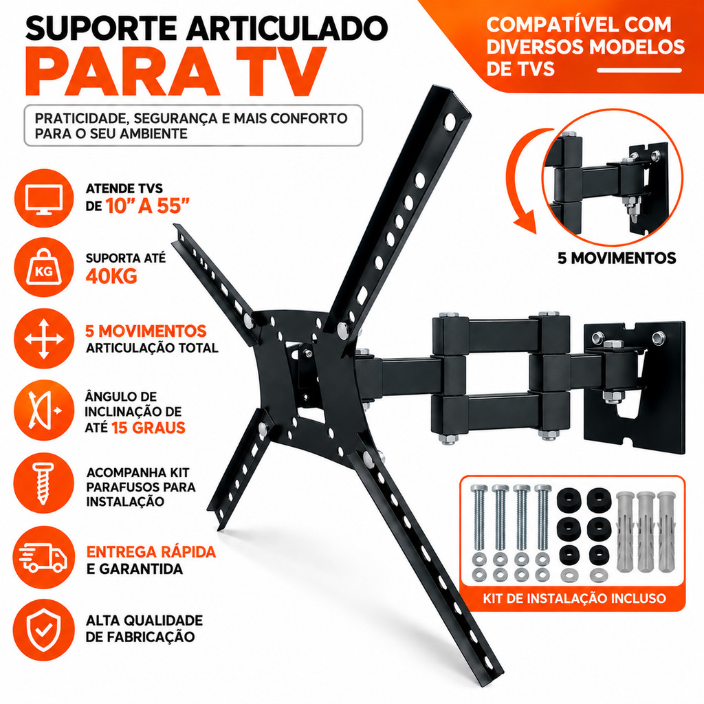 Suporte Para TV Samsung Articulado 10 a 55" Reforçado Até 40kg VESA