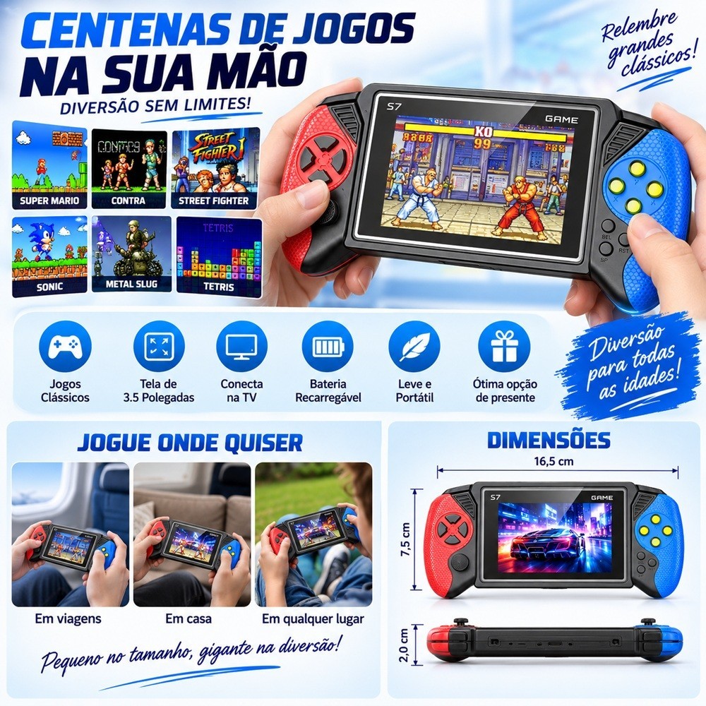 Console portátil S7 Game box com tela de 3.2 polegadas – vídeo game retrô com vários jogos clássicos