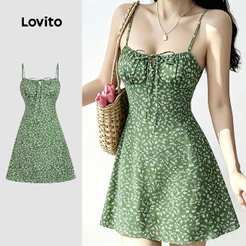 Lovito Vestido Casual com Flores Amarração Na Frente Zíper Vestido para Mulheres DRB199P2D799