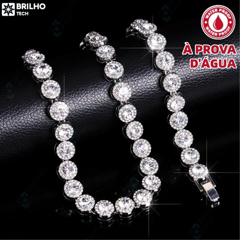Conjunto Corrente Cubana Redonda e Pulseira Unissex Cravejada com Diamantes Prateado Hip Hop-BR