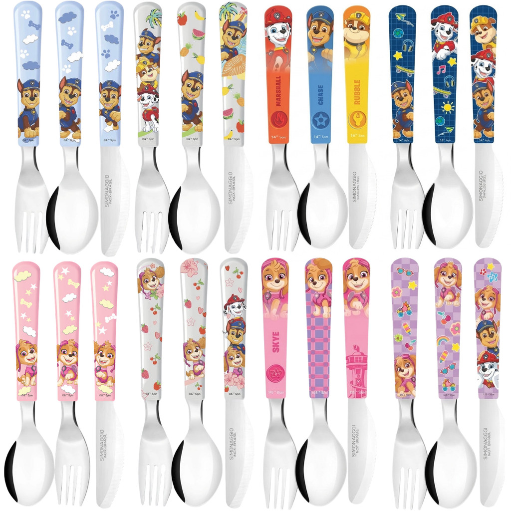 Talher Infantil C/3 Peças Patrulha Canina Skye Chase Vários Desenhos Personagens Inox Simonaggio