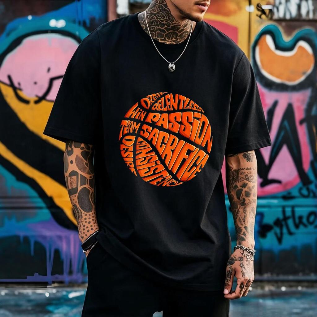 Camiseta Unissex Gola Redonda em Algodão Preto Estampa Basquete Streetwear Casual para Quadra Diária Passeios e Fotos