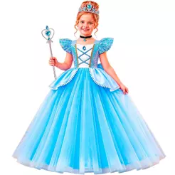 Fantasia Cinderela Infantil pra Menina Vestido Princesa Longo de Luxo Com Coroa e Varinha