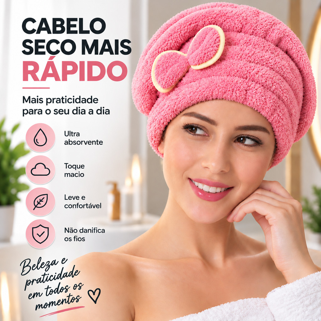 Touca Mágica de Secagem Rápida em Microfibra Ultra Absorvente - Seca o Cabelo Rapidamente e Reduz o Frizz