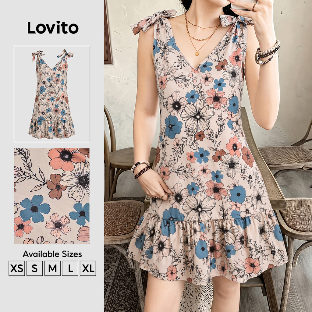 Lovito Padrão De Vestido Floral Boêmio Laço Com Acabamento Em Babado Vestido Para Mulheres DRK8P2D725