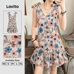 Lovito Padrão De Vestido Floral Boêmio Laço Com Acabamento Em Babado Vestido Para Mulheres DRK8P2D725