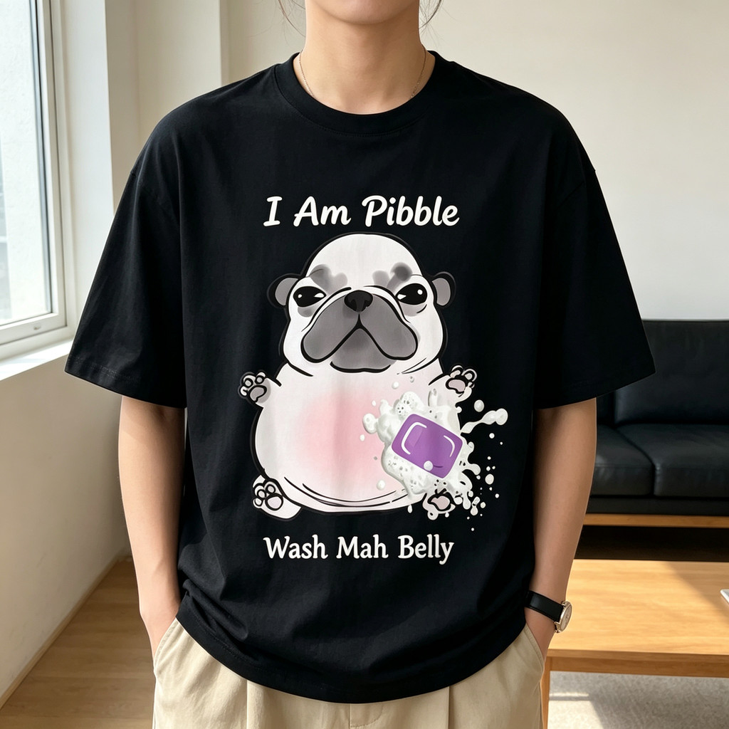 Camiseta Unissex Manga Curta Algodão Oversized Confortável Borda Redonda Estampa Cachorro Pug Divertido I Am Pibble