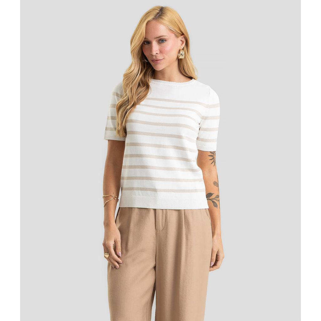 Blusa Feminina Em Tricot Listrado Dianna Bege