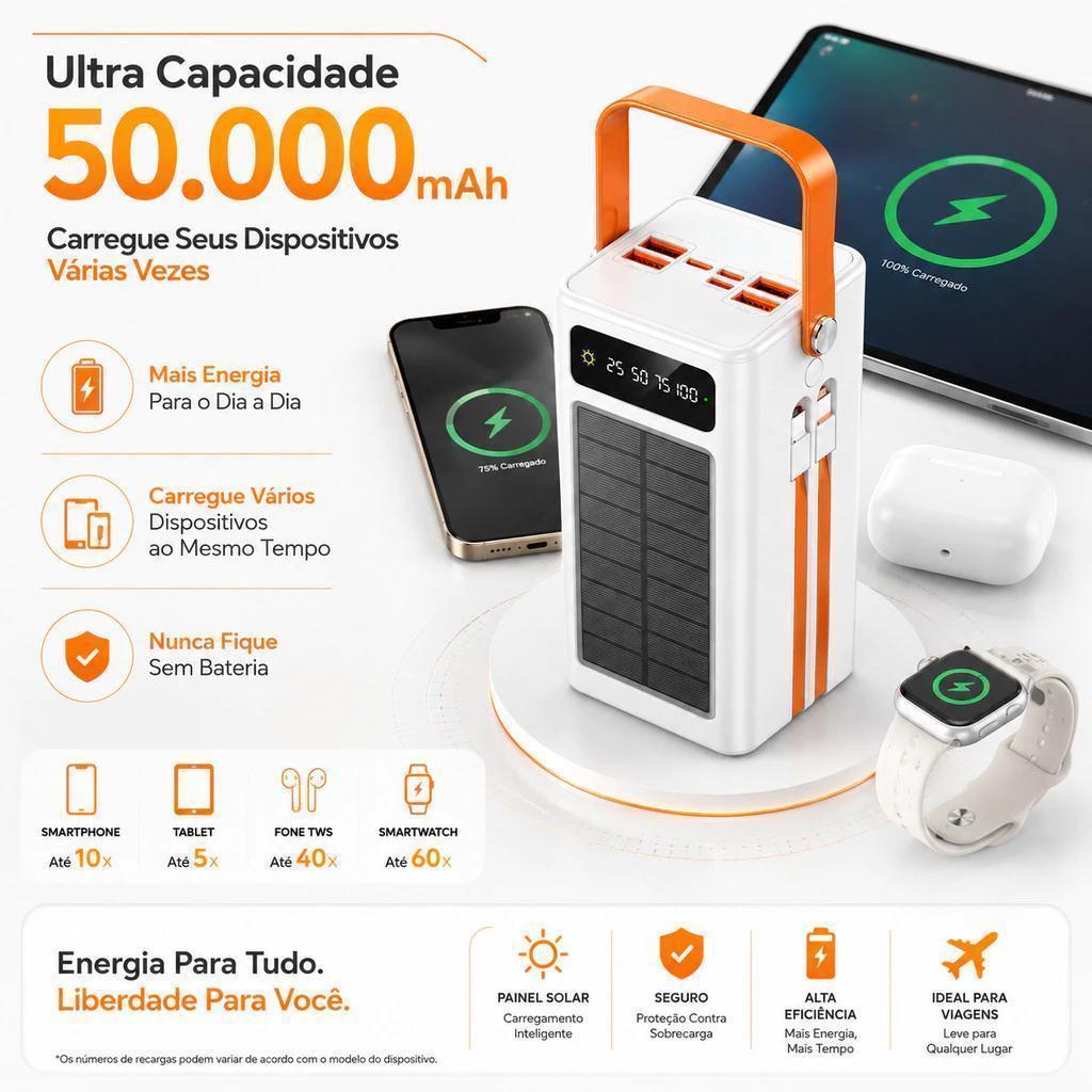 Power Bank Solar 30000/50000mAh Carregador Portátil Grande Capacidade USB com Cabo Universal Selectech