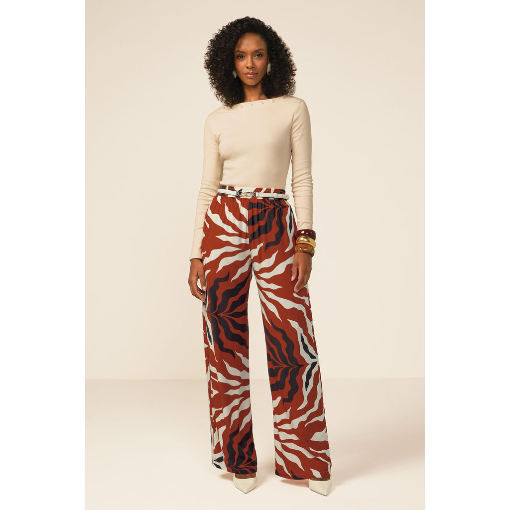 Calça Pantalona Feminina Estampada Marialícia Marrom