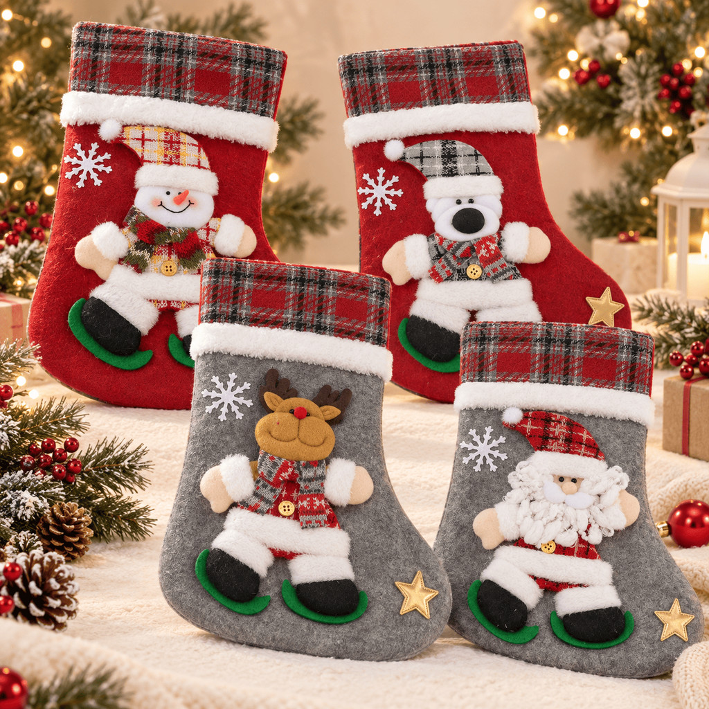 Meia Bota de Natal Decorativa 25x40cm Papai Noel Boneco de Neve Rena Urso