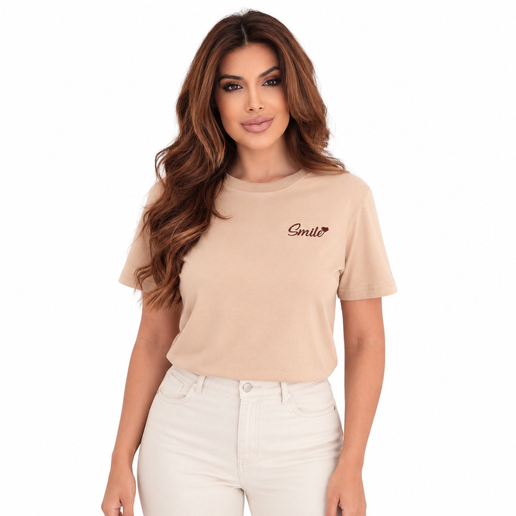 BABY LOOK FEMININA BÁSICA T-SHIRTS 100% ALGODÃO DETALHE FRONTAL BORDADO CASUAL MODERNA VERSÁTIL