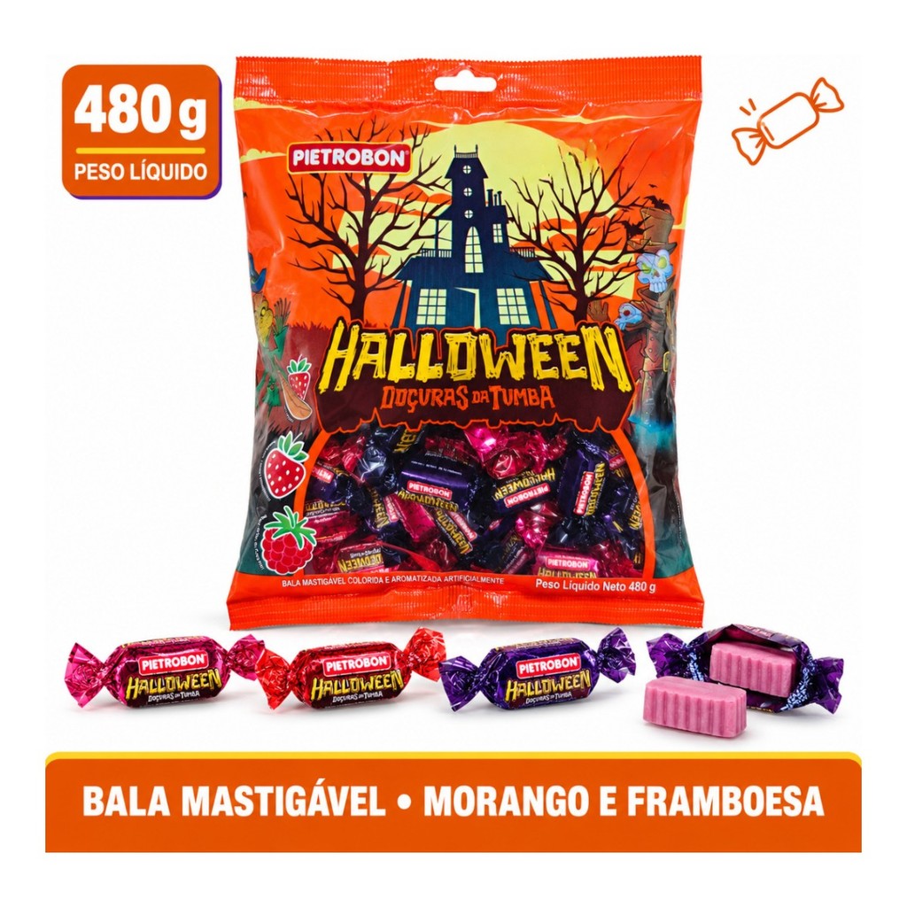Bala Mastigável Halloween Doçuras da Tumba Pietrobon 480g 120 Unidades Tutti Frutti Morango Amora Embaladas Individualme