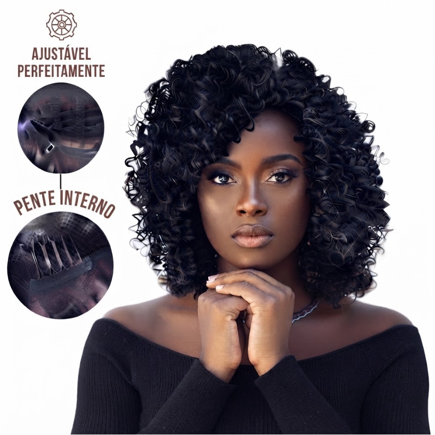 Peruca Lace Wig Cacheada Afro 45cm Fibra Orgânica Premium Natural -YAN HAIR