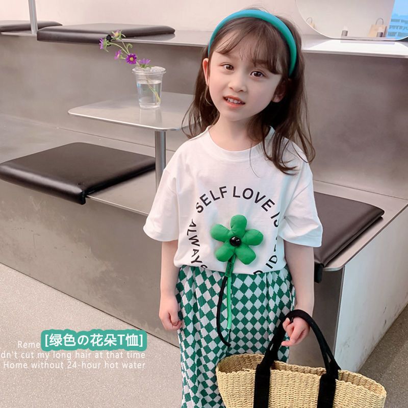 Algodão meninas terno 2026 verão novo estilo médio crianças camiseta de manga curta calças compridas xadrez de duas peça