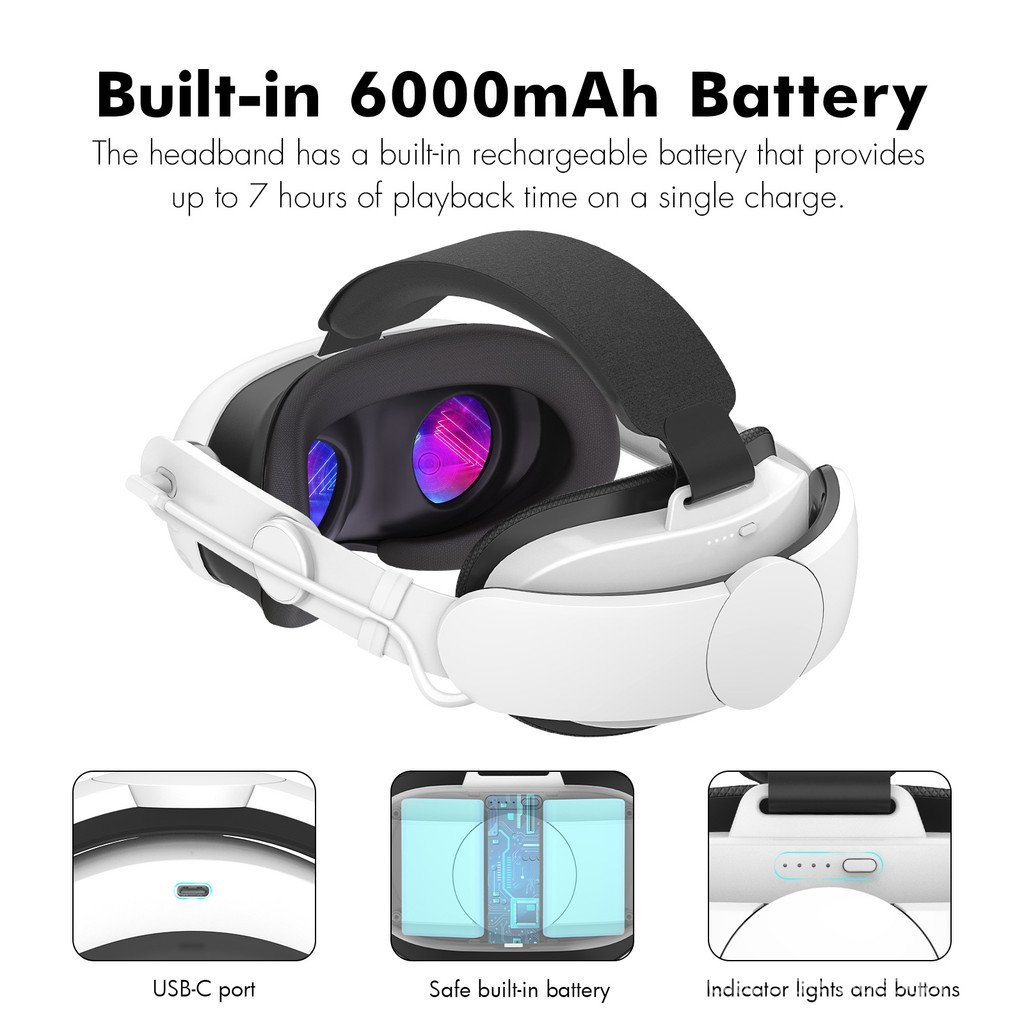 Acessório de faixa de cabeça de elite de 6000 mAh para óculos VR inteligentes com carregamento, compatível com Meta Ques
