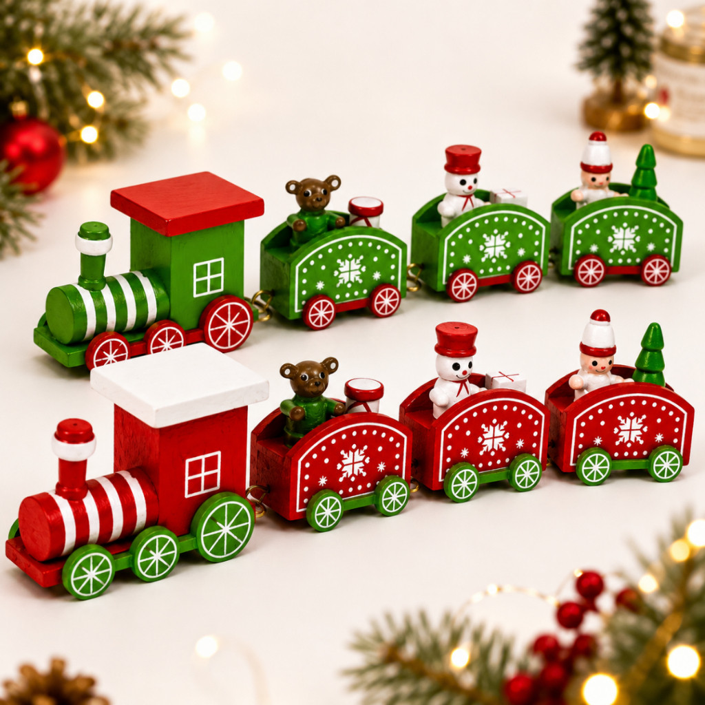 Trem Decoração de Natal de Madeira Brinquedos Enfeite Natalino Trenzinho Verde e Vermelho